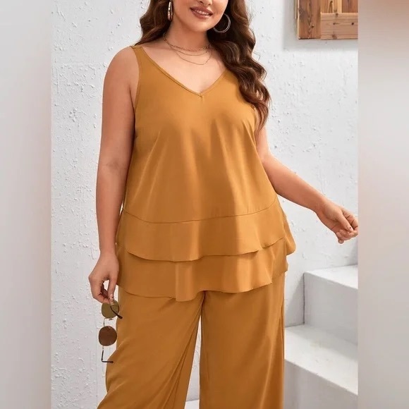 Emery Rose | Plus Solid Tank Top & Wide Leg Pants Ginger Boho - Picture 2 of 5